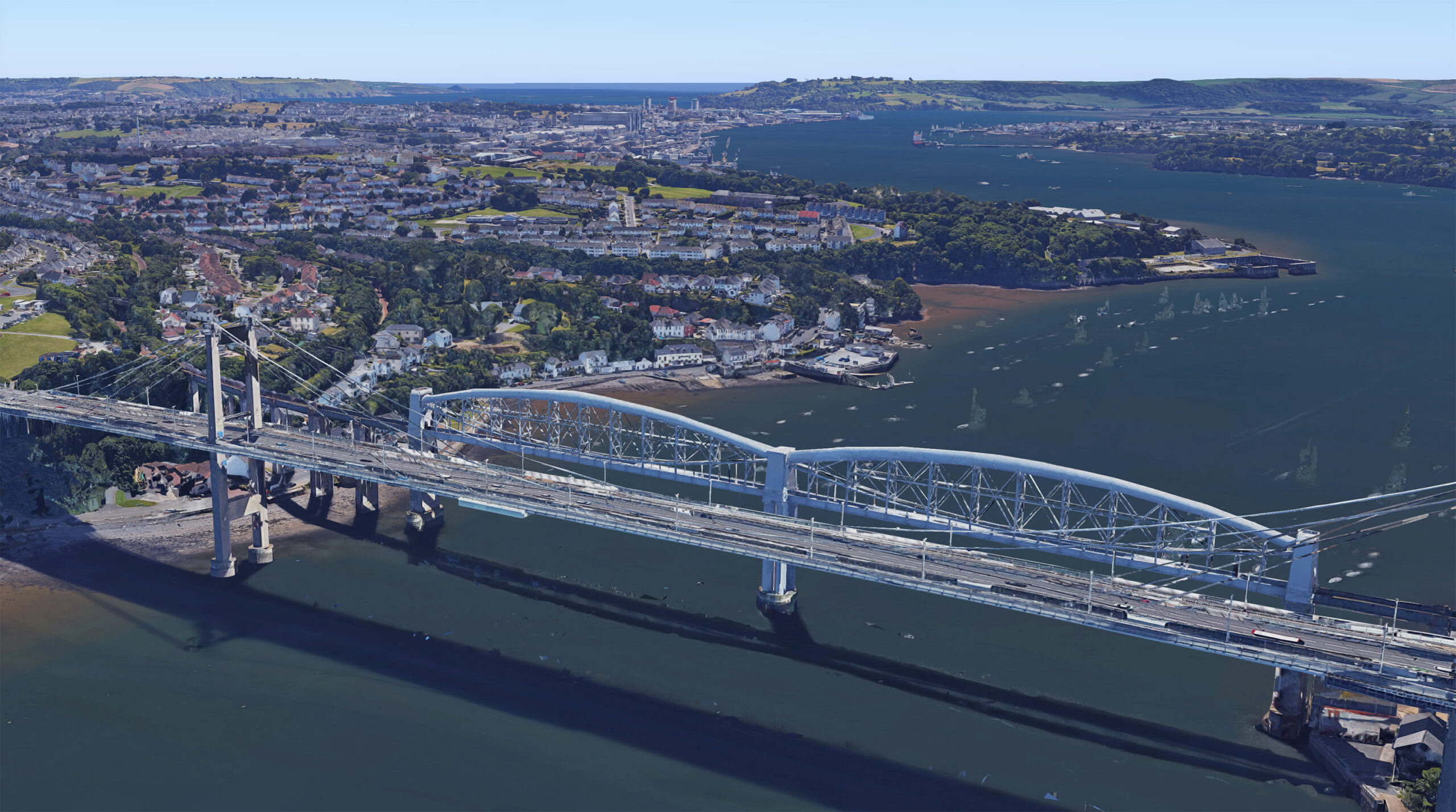 a screenshot of the Tamar Bridge as seen on 3D google maps