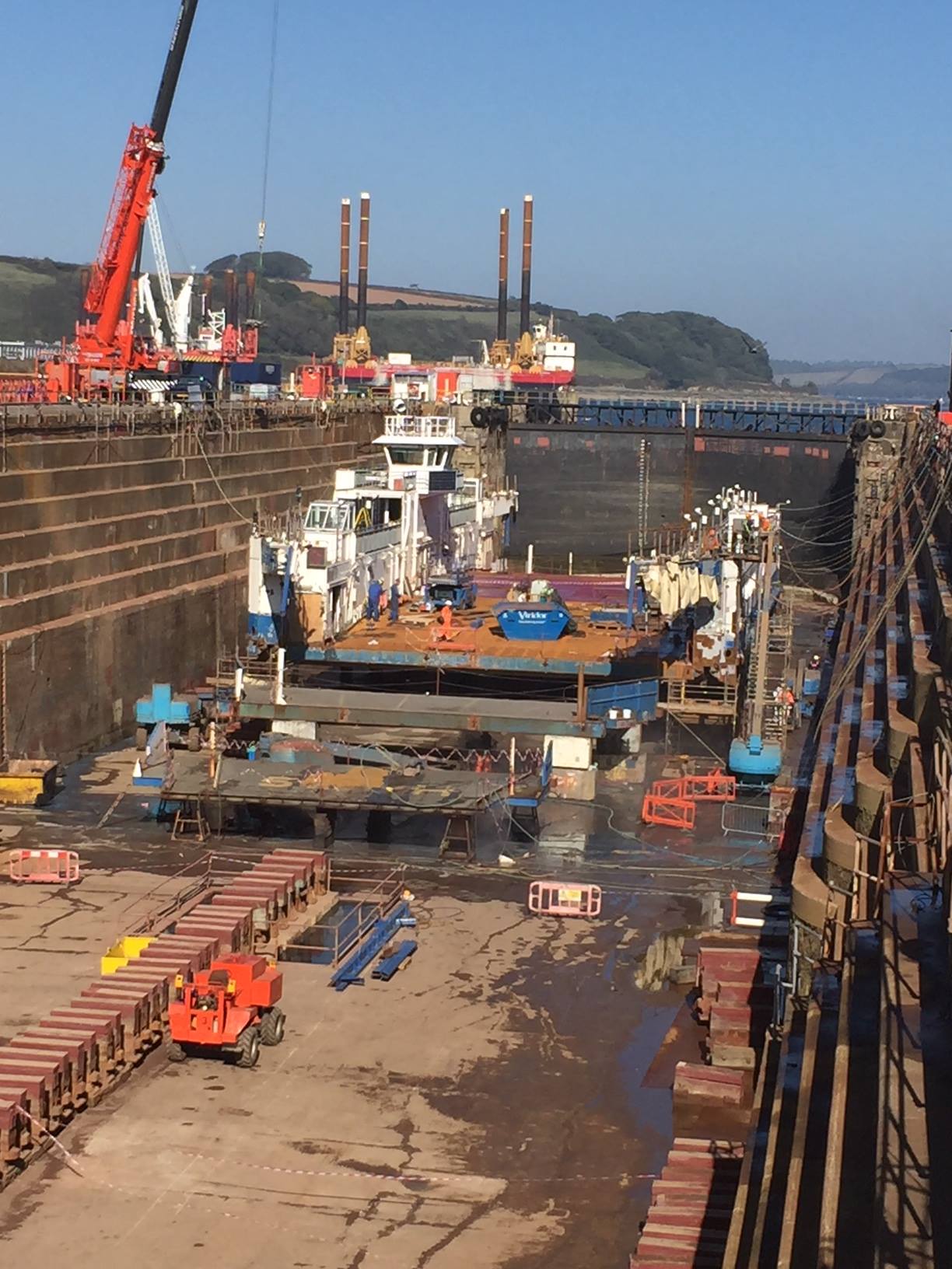 Torpoint Ferry Tamar II in a dry dock being deconstructed